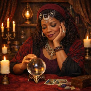 May include: A woman wearing a red headscarf and jewelry gazes at a crystal ball on a gold stand. Lit candles and tarot cards are on the red table. The woman is wearing a burgundy top and a red patterned jacket.
