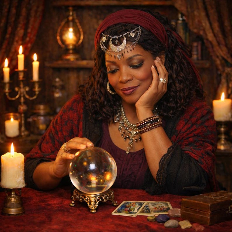May include: A woman wearing a red headscarf and jewelry gazes at a crystal ball on a gold stand. Lit candles and tarot cards are on the red table. The woman is wearing a burgundy top and a red patterned jacket.