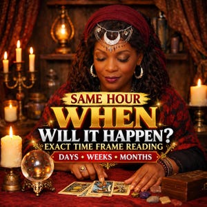May include: A person wearing a dark red headwrap and shawl, with a silver crescent moon headpiece and hoop earrings, touches tarot cards on a table. Text reads: SAME HOUR WHEN WILL IT HAPPEN? EXACT TIME FRAME READING DAYS • WEEKS • MONTHS.