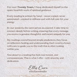 May include: A cream-colored card with the text "Why Choose Me?" in a decorative font. The card details the author's experience in spiritual guidance, emphasizing hand-written readings and a focus on reflection and healing. The author's name and studio are at the bottom.