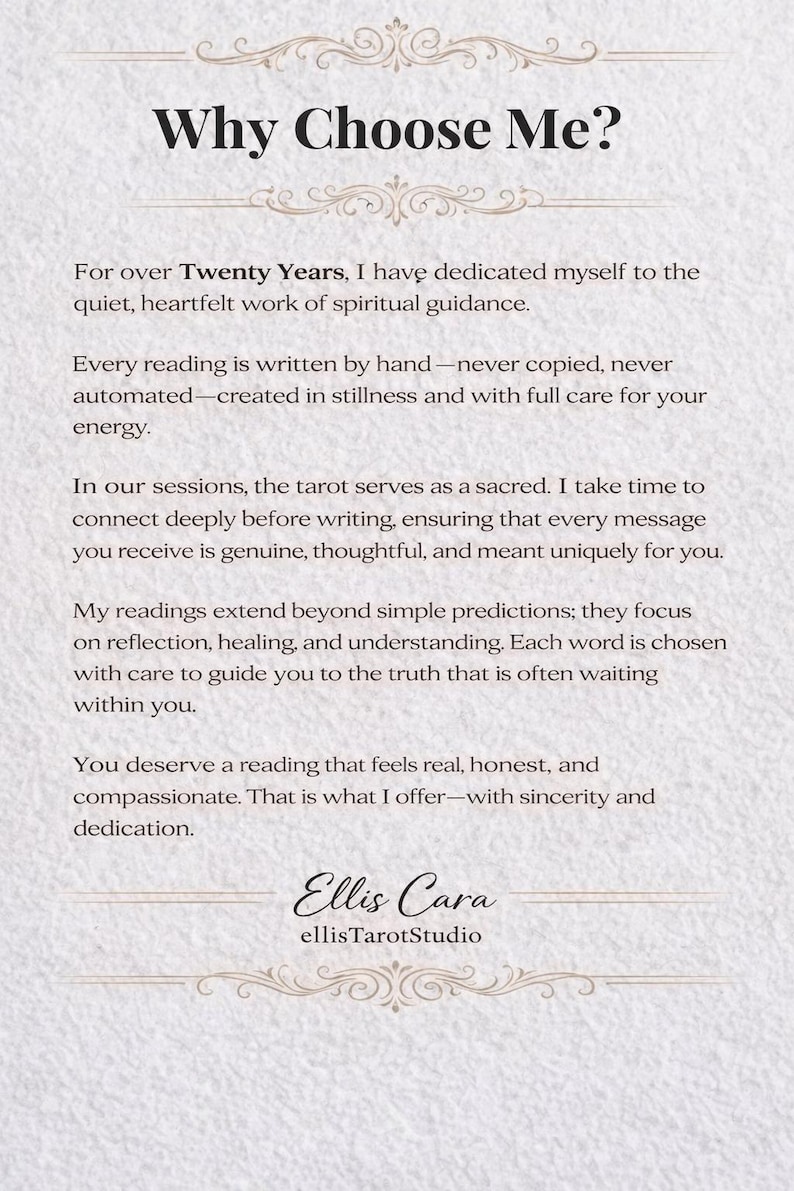 May include: A cream-colored card with the text "Why Choose Me?" in a decorative font. The card details the author's experience in spiritual guidance, emphasizing hand-written readings and a focus on reflection and healing. The author's name and studio are at the bottom.
