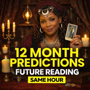 May include: A woman with dark hair and a headscarf holds a tarot card, smiling at the camera. The image features text that reads "12 MONTH PREDICTIONS FUTURE READING SAME HOUR". Lit candles and ornate jewelry are also visible.
