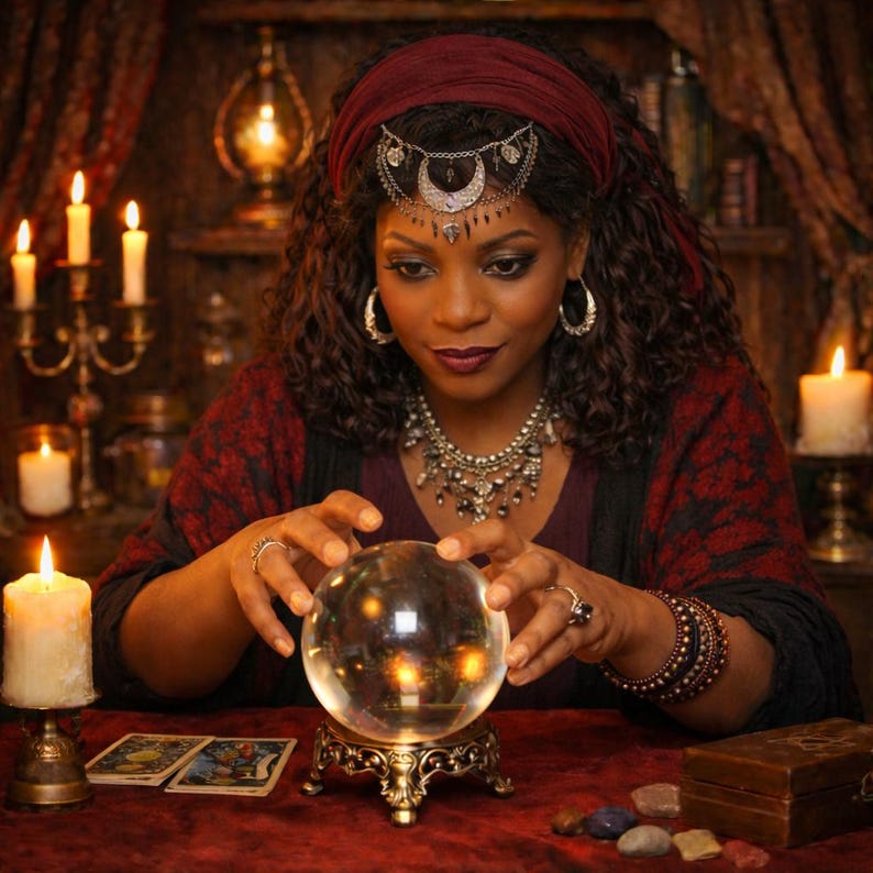 May include: A woman with dark curly hair and a red head wrap gazes at a crystal ball. She wears a red and black patterned top, silver jewelry, and rings. Lit candles and tarot cards are on a red table, creating a mystical atmosphere.