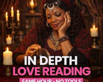 May include: An image of a woman in a red headscarf and jewelry, holding a crystal ball. The text on the image reads "IN DEPTH LOVE READING" and "SAME HOUR - NO TOOLS". Candles and a decorative lamp are in the background.