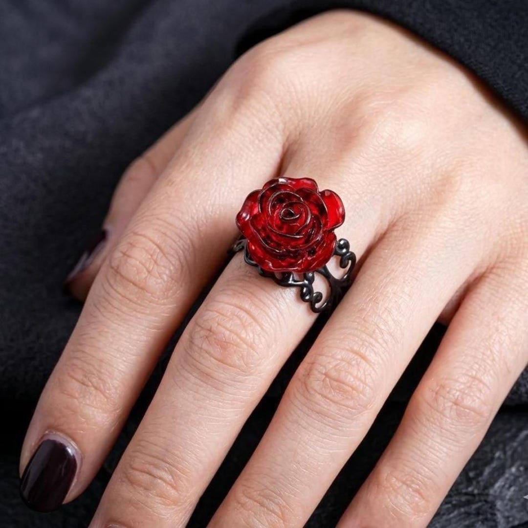 Red Rose Ring, Black Filigree Gothic Statement, Victorian Arty ...