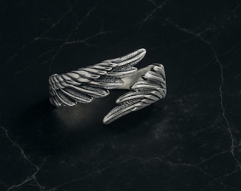 Angel Wings Ring Silver Vintage Adjustable – Gothic Feather Ring, Protective Jewelry, Unisex Gift