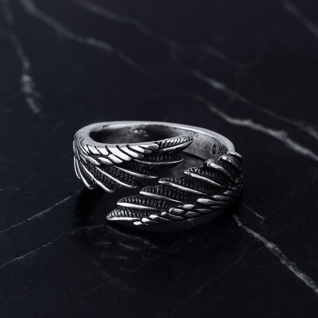 Kerraom Ring met engelenvleugels van 925 zilver, verstelbare ring voor dames en meisjes, ringen, hart, zwart, blauw, zirkonia, origineel cadeau, symbolische bewaker, Sterling zilver, Zirkonia