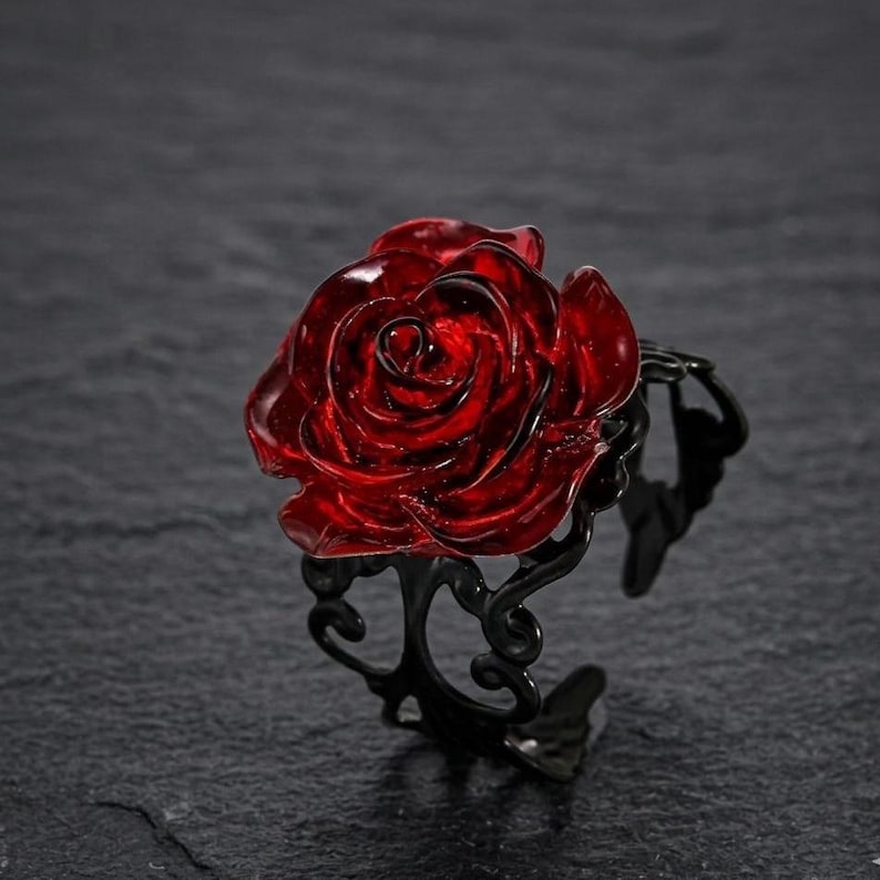 Red Rose Ring, Black Filigree Gothic Statement, Victorian Arty ...
