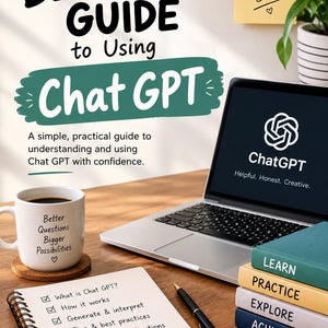 May include: A guide titled The Beginner's Guide to Using Chat GPT with a laptop displaying the ChatGPT logo, a white mug with text, a spiral notebook with a checklist, a black pen, and a stack of four colored books labeled Learn, Practice, Explore, Achieve.