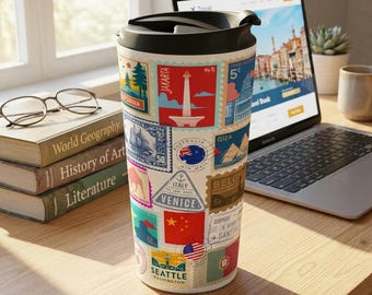 Reisbeker van 440 ml met vintage postzegeldesign | Roestvrij staal | Onmisbaar reisartikel
