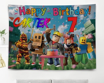 Roblox födelsedagsbanderoll, anpassad festbakgrund, inomhus- och utomhusscen, barnspelsfödelsedagsdekoration