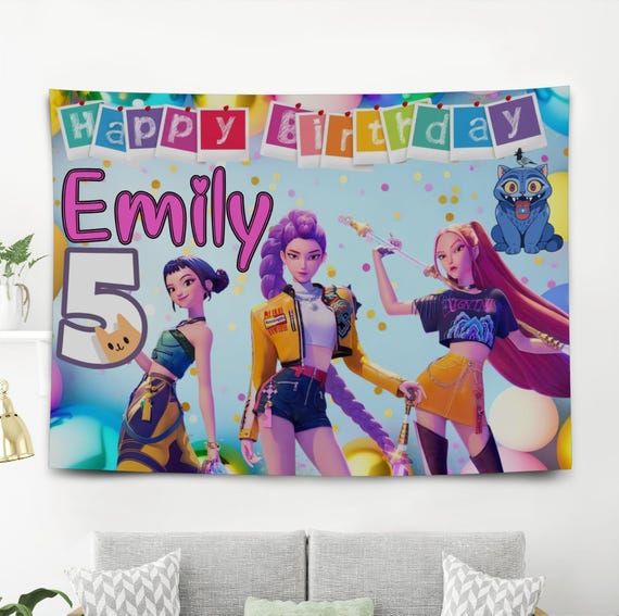 Personalize KPOP Huntrix Birthday Banner Decoration, Custom Name Age Demon Hunters Bday Party Backdrop