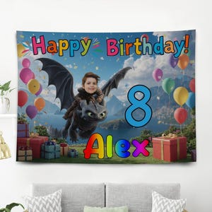 May include: A blue tapestry banner with the words "Happy Birthday!" and the number "8". The banner features a child riding a dragon, colorful balloons, and the name "Alex". Decorative gift boxes are at the bottom.