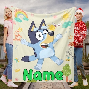Bluey hondendeken cadeau, aangepaste Bluey hond en bingo hondendeken cadeau, kinderbingo vakantie verjaardag deken cadeau