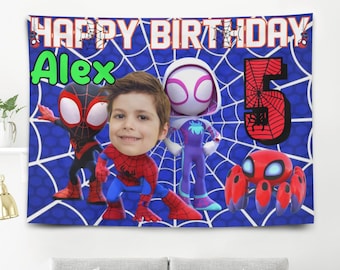 Custom Spider Friends Birthday Banner Backdrop: Personalized Name Photo Kids Spiders Hero Party Decoration