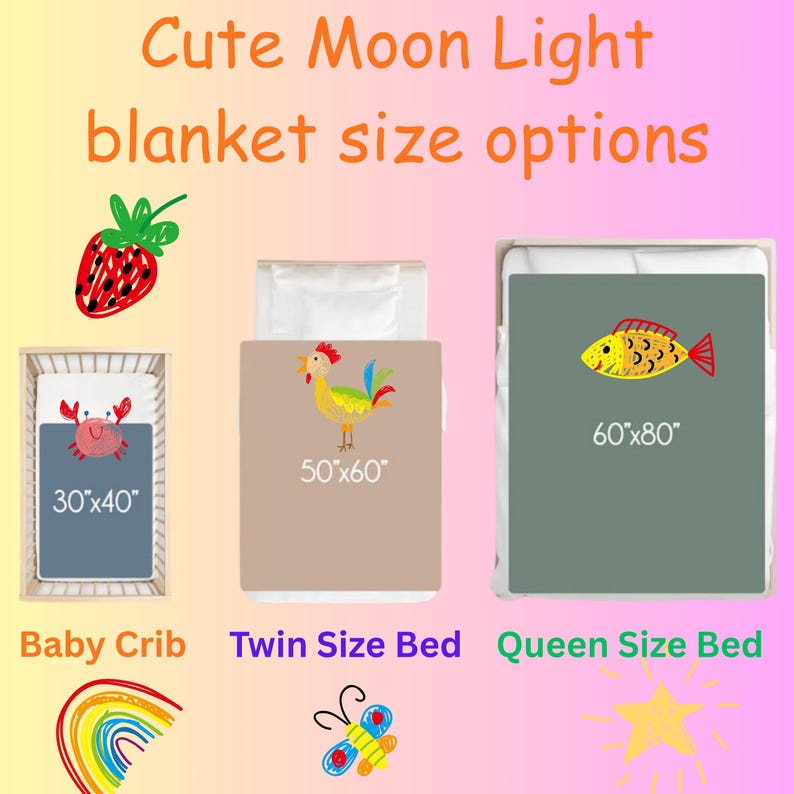 May include: Image displaying blanket size options: baby crib (76x102cm), twin size bed (127x152cm), and queen size bed (152x203cm). Each blanket has a different design: a crab, a rooster, and a fish. The text "Cute Moon Light blanket size options" is at the top.