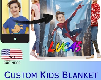 Couverture cadeau super-héros personnalisée, couvertures enfants Spidey avec nom de visage, cadeau d'anniversaire, cadeau de Noël