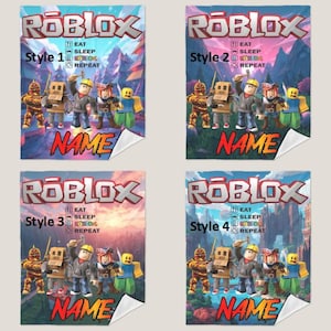 May include: Four Roblox-themed blankets with different background scenes and character arrangements. Each blanket features the Roblox logo, the words "EAT, SLEEP, ROBLOX, REPEAT", and a space for a name. The blankets are in shades of blue, purple, and orange.