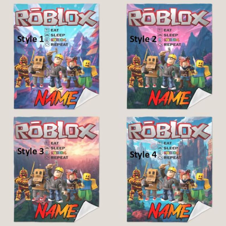 May include: Four Roblox-themed blankets with different background scenes and character arrangements. Each blanket features the Roblox logo, the words "EAT, SLEEP, ROBLOX, REPEAT", and a space for a name. The blankets are in shades of blue, purple, and orange.