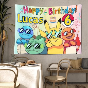 Custom Pokemon Birthday Party Banner Decoration Backdrop Gift, Personalized Name Age Pikachu Banner