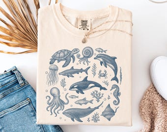 Ocean Life Graphic T-Shirt, Marine Animals, Unisex Garment-Dyed Tee