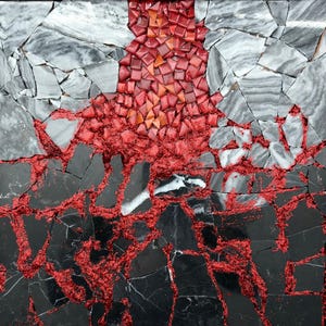 May include: A square mosaic wall art piece framed in dark wood, featuring a central vertical column of small red tiles surrounded by jagged pieces of grey and black marble, with bright red textured grout filling the gaps between the stone shards.