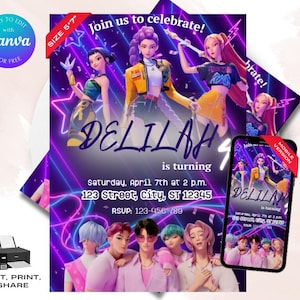 K-pop Birthday Invitation Template Editable Neon Party Invite | Canva Printable 5x7 Digital Download Girls Boys Music Theme Card