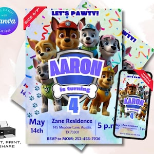 Paw Patrol Birthday Invitation Editable Puppy Party Invite Digital Kids Birthday Card Canva Template Phone Instant Download