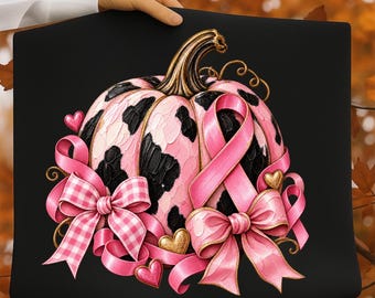 Pink Ribbon Pumpkin PNG, Cancer Awareness Fall Design, October Awareness Pumpkin, Pink Bow Sublimation, Autumn Digital Download