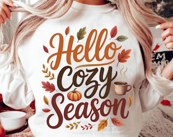Hello Cozy Season PNG, Minimal Fall Design, Autumn Leaves, Pumpkin Coffee Mug Shirt Sublimation, Cozy Sublimation Design, Fall Sublimation