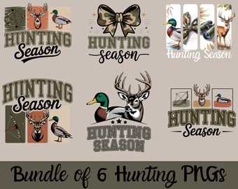 Hunting Season PNG Bundle – 6 Transparent Designs with Deer, Duck, and Coquette Camo Bow for Sublimation and T‑Shirts