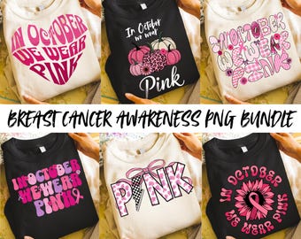 In October We Wear Pink PNG Bundle, Breast Cancer Awareness PNG, Pink Ribbon Sublimation Designs, Cancer Support Clipart, Fall Shirt PNGs