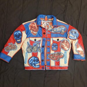 One Of A Kind Leather And Shearling Jacket...Handstitched And Handpainted...With Stylized Americana Clear Vinyl Finished For Crisp Longevity