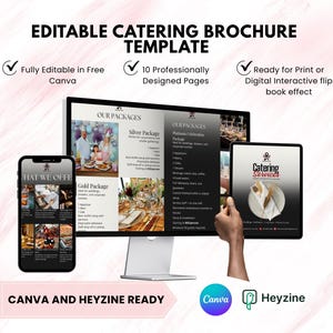 Op de afbeelding: Een bewerkbare catering brochure sjabloon weergegeven op een computermonitor, tablet en smartphone. De brochure heeft professioneel ontworpen pagina's en is klaar voor print of digitaal gebruik. De afbeelding bevat de tekst "CANVA AND HEYZINE READY."