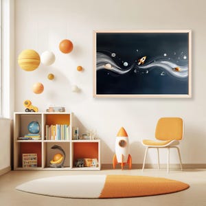 May include: A child's room decorated with a space theme. A framed artwork shows a rocket and planets on a dark blue backdrop. Hanging spheres and a rocket toy enhance the theme. An orange and white rug and chair complete the decor.