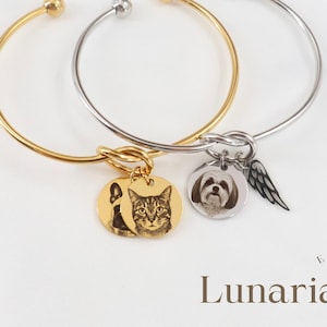 Pode incluir: Pulseiras de bracelete douradas e prateadas com pingentes redondos. Um pingente apresenta um retrato de gato, outro um retrato de cão e um terceiro uma asa. A palavra "Lunaria" está impressa no canto inferior direito.