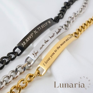 Custom Engraved Bracelet – Personalized Handwriting or Typed Text – Stainless Steel Curb Chain Bracelet in Gold, Silver, Black