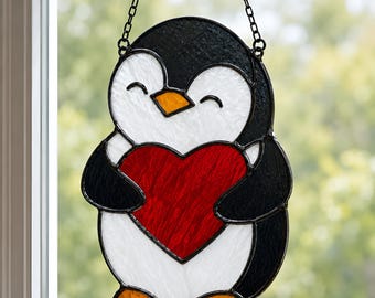 Penguin Heart Stained Glass Pattern PDF, Cute Penguin Suncatcher DIY Digital Download, Animal Window Hanging Glass Art SVG Pattern