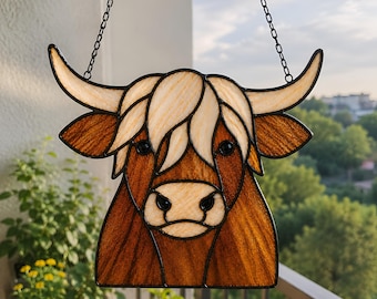 Patrón de vidriera de vaca de las Tierras Altas en PDF, atrapasoles de vaca de granja para bricolaje (descarga digital), patrón de decoración de ventana rústica campestre en SVG