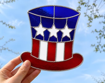 Patrón de vitral del sombrero del tío Sam en PDF, atrapasoles patriótico del 4 de julio para bricolaje (descarga digital), patrón de bandera estadounidense para colgar en la ventana (SVG)