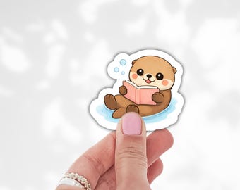 Kawaii Sea Otter Reading Book, Waterproof Vinyl Sticker