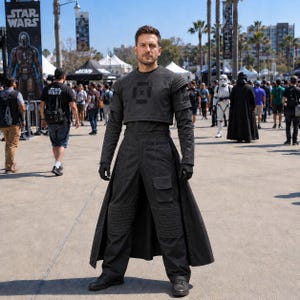 May include: A person in a black costume with a cropped top, long sleeves, and a long skirt-like bottom. The costume has a square design on the chest and knee pads. The background includes a Star Wars banner and other people.