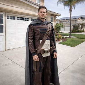 May include: A brown and black costume with a gray cape. The costume features a long-sleeved top and pants with contrasting panels. A brown leather belt and shoulder strap are worn over a white midsection. The person is standing in front of a house.