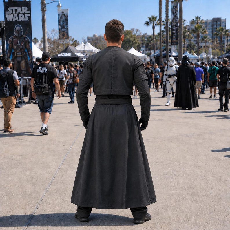 May include: A person in a black costume with a cropped jacket and long skirt, viewed from the back. The costume features long sleeves and gloves. The background shows a crowd and Star Wars banners.