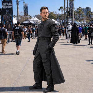 May include: A person in a black costume with a long coat, gloves, and boots. The costume features a cropped top and trousers with knee padding. The background includes a Star Wars banner and other people.