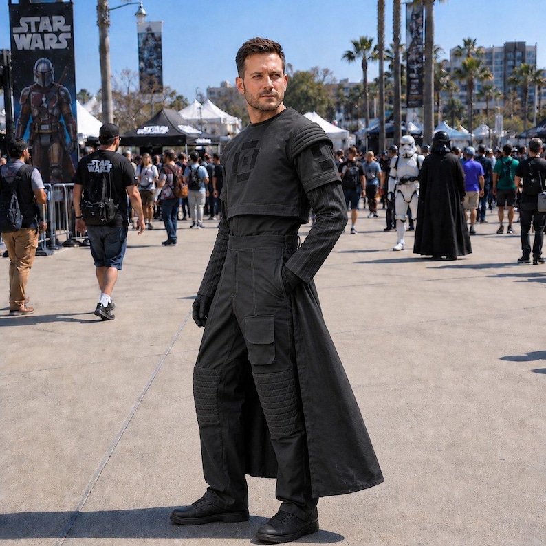 May include: A person in a black costume with a long coat, gloves, and boots. The costume features a cropped top and trousers with knee padding. The background includes a Star Wars banner and other people.