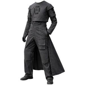 May include: A dark grey futuristic outfit. The ensemble includes a cropped top with a square design, long-sleeved undershirt, high-waisted trousers with pockets, and a long coat. The trousers have quilted knee pads. The outfit is completed with gloves and shoes.