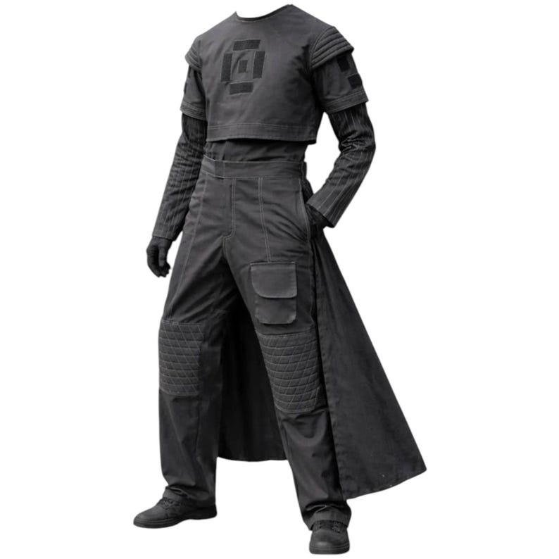 May include: A dark grey futuristic outfit. The ensemble includes a cropped top with a square design, long-sleeved undershirt, high-waisted trousers with pockets, and a long coat. The trousers have quilted knee pads. The outfit is completed with gloves and shoes.