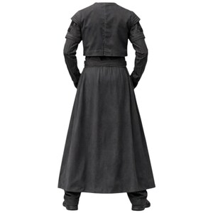 May include: A dark grey, long-sleeved coat with a matching belt and a long skirt. The coat has a cropped jacket-like top with shoulder accents. The outfit is made of a textured fabric, suitable for cosplay or costume events.