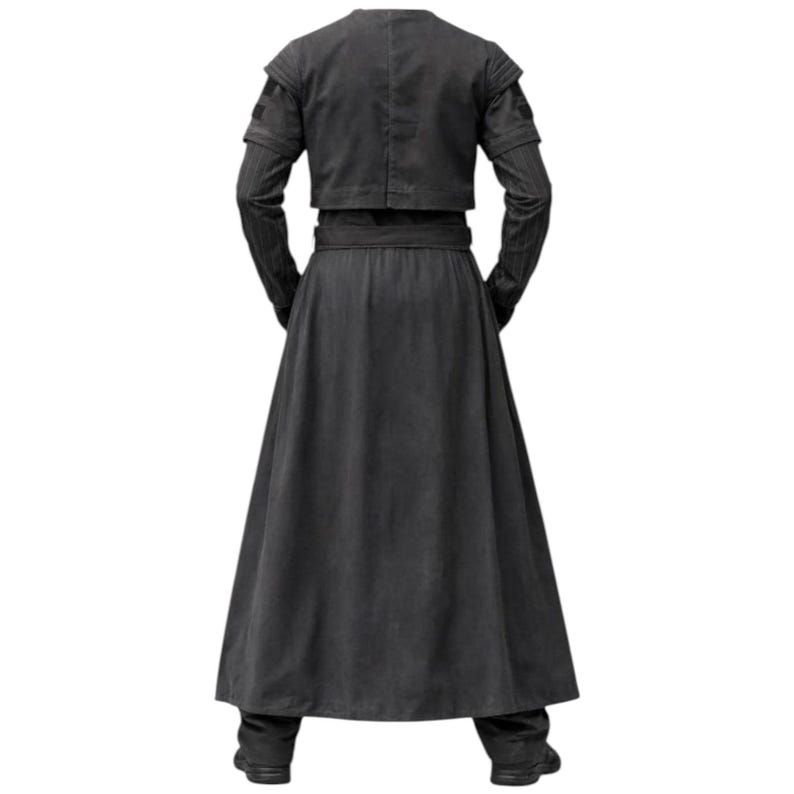 May include: A dark grey, long-sleeved coat with a matching belt and a long skirt. The coat has a cropped jacket-like top with shoulder accents. The outfit is made of a textured fabric, suitable for cosplay or costume events.